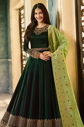 Green zari embroidery and diamond satin georgette anarkali churidar-full stitched