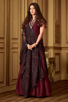 Wine zari embroidery and diamond art silk anarkali churidar-full stitched 1