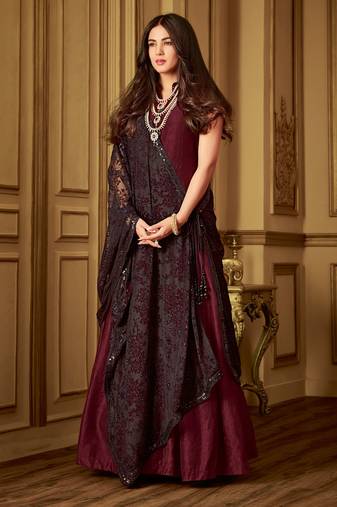 Wine zari embroidery and diamond art silk anarkali churidar-full stitched