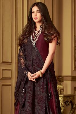 Wine zari embroidery and diamond art silk anarkali churidar-full stitched 2
