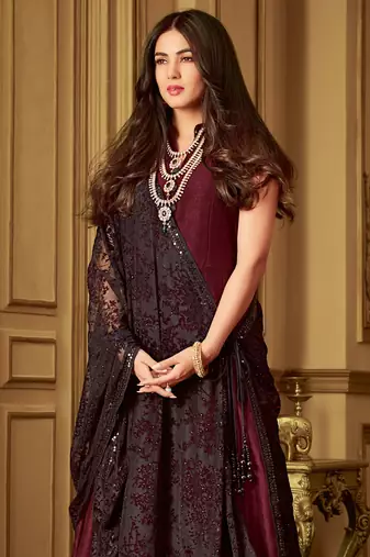 Wine zari embroidery and diamond art silk anarkali churidar-full stitched