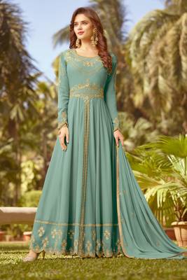 Blue zari embroidery and diamond georgette anarkali churidar-full stitched 1