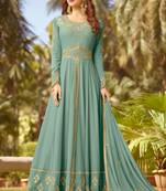 Blue zari embroidery and diamond georgette anarkali churidar-full stitched