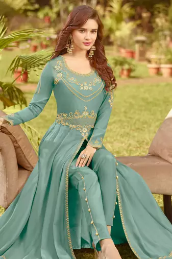 Blue zari embroidery and diamond georgette anarkali churidar-full stitched