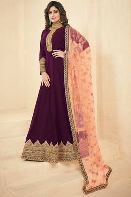Wine zari embroidery and diamond georgette anarkali churidar-full stitched 1