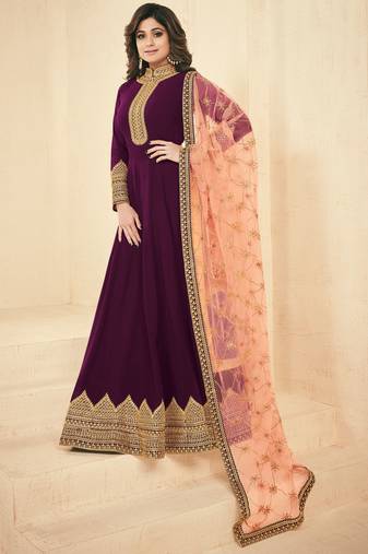 Wine zari embroidery and diamond georgette anarkali churidar-full stitched