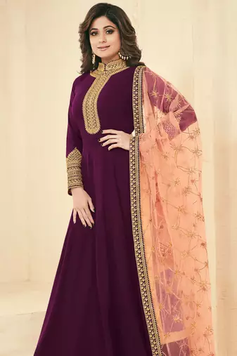 Wine zari embroidery and diamond georgette anarkali churidar-full stitched