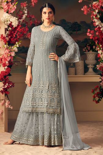 Grey zari embroidery and diamond net straight palazzo-full stitched