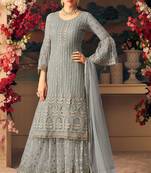 Grey zari embroidery and diamond net straight palazzo-full stitched