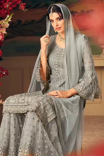 Grey zari embroidery and diamond net straight palazzo-full stitched