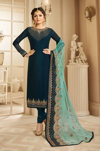Teal blue  zari embroidery and diamond satin georgette straight churidar - full stitched