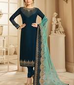 Teal blue  zari embroidery and diamond satin georgette straight churidar - full stitched