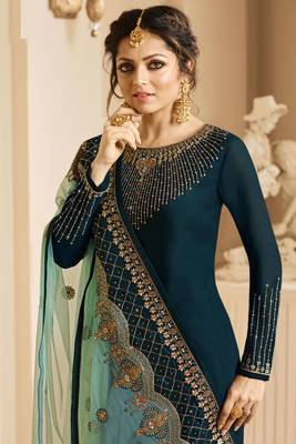 Teal blue  zari embroidery and diamond satin georgette straight churidar - full stitched 2