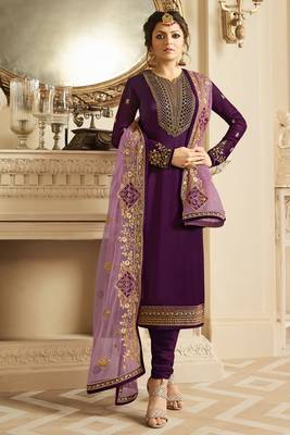 Wine zari embroidery and diamond satin georgette straight churidar - full stitched 1