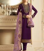 Wine zari embroidery and diamond satin georgette straight churidar - full stitched