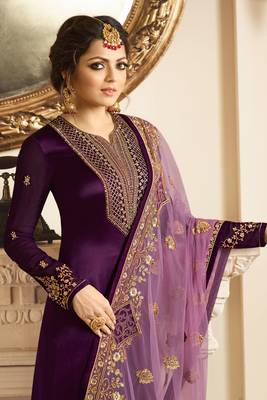 Wine zari embroidery and diamond satin georgette straight churidar - full stitched 2