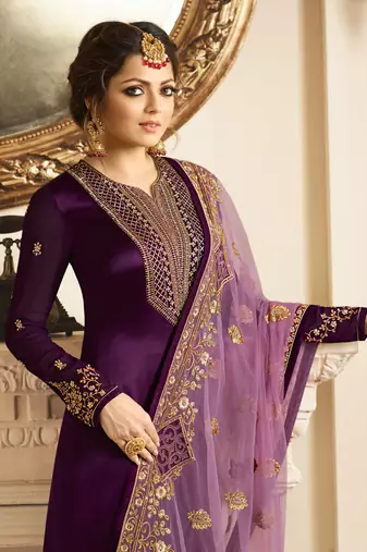 Wine zari embroidery and diamond satin georgette straight churidar - full stitched
