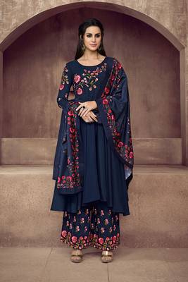 Blue zari embroidery and diamond cotton silk anarkali palazzo - full stitched 1