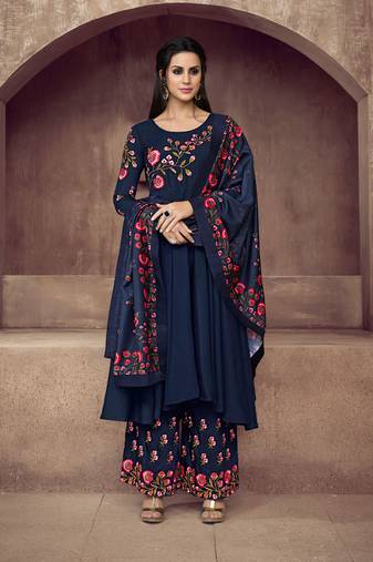 Blue zari embroidery and diamond cotton silk anarkali palazzo - full stitched