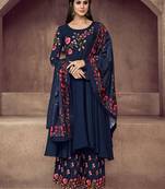 Blue zari embroidery and diamond cotton silk anarkali palazzo - full stitched