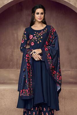 Blue zari embroidery and diamond cotton silk anarkali palazzo - full stitched 2