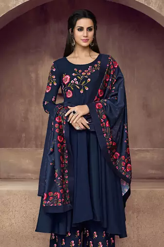 Blue zari embroidery and diamond cotton silk anarkali palazzo - full stitched