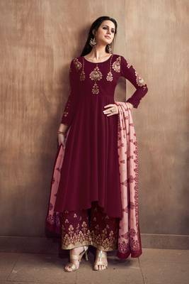 Maroon zari embroidery and diamond cotton silk anarkali palazzo - full stitched 1