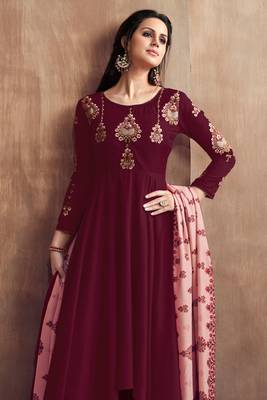 Maroon zari embroidery and diamond cotton silk anarkali palazzo - full stitched 2