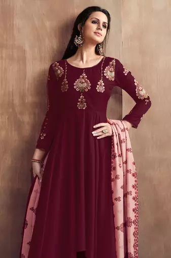 Maroon zari embroidery and diamond cotton silk anarkali palazzo - full stitched