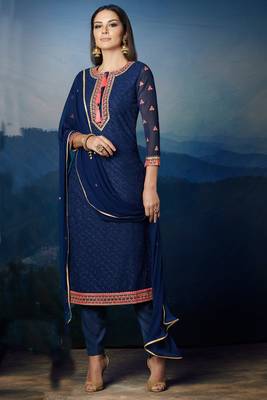 Blue zari embroidery and diamond georgette straight pant - full stitched 1