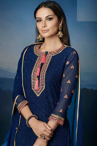 Blue zari embroidery and diamond georgette straight pant - full stitched