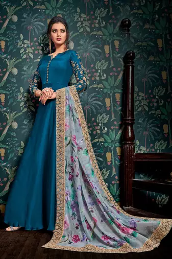 Teal blue zari embroidery and diamond satin georgette anarkali churidar - full stitched