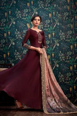 Maroon zari embroidery and diamond satin georgette anarkali churidar - full stitched 1