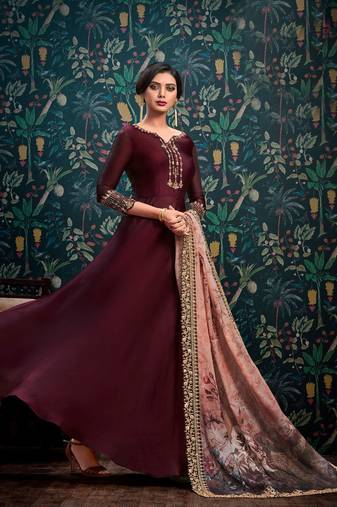 Maroon zari embroidery and diamond satin georgette anarkali churidar - full stitched