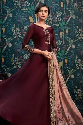 Maroon zari embroidery and diamond satin georgette anarkali churidar - full stitched 2