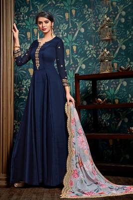Blue zari embroidery and diamond satin georgette anarkali churidar - full stitched 1