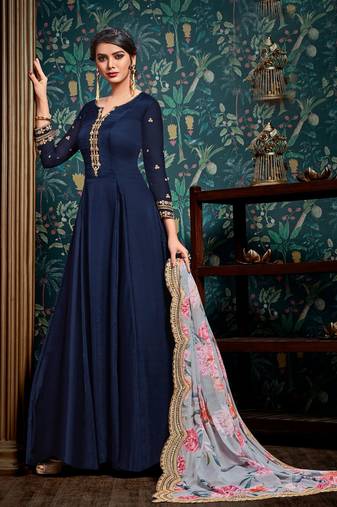 Blue zari embroidery and diamond satin georgette anarkali churidar - full stitched
