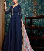 Blue zari embroidery and diamond satin georgette anarkali churidar - full stitched