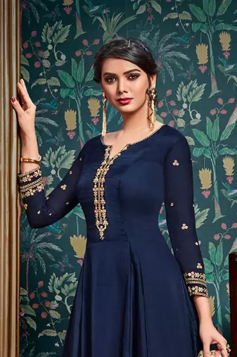 Blue zari embroidery and diamond satin georgette anarkali churidar - full stitched