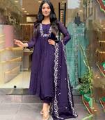 Purple viscose rayon heavy thread embroidery work kurta pant set