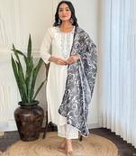 Off white viscose blend rayon heavy thread embroidery work with printed dupatta kurta pant set