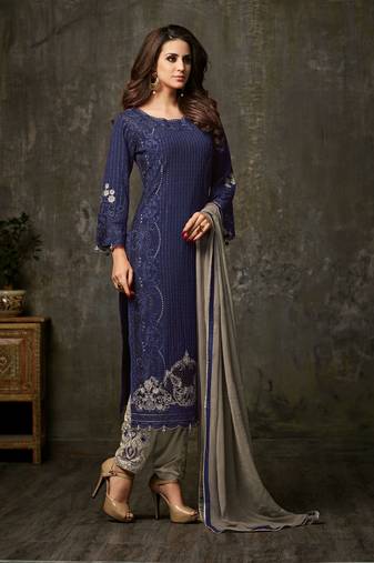 Blue zari embroidery and diamond georgette straight pant - full stitched