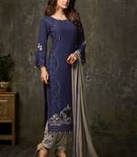 Blue zari embroidery and diamond georgette straight pant - full stitched