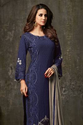 Blue zari embroidery and diamond georgette straight pant - full stitched 2