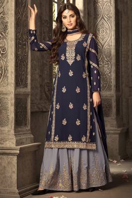 Blue zari embroidery and diamond georgette straight palazzo - full stitched 1