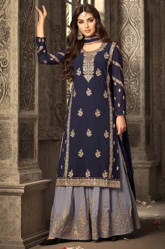 Blue zari embroidery and diamond georgette straight palazzo - full stitched