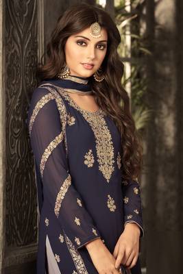 Blue zari embroidery and diamond georgette straight palazzo - full stitched 2