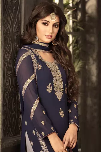 Blue zari embroidery and diamond georgette straight palazzo - full stitched