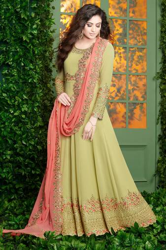 Green zari embroidery and diamond georgette anarkali churidar - full stitched