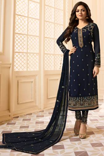 Blue zari embroidery and diamond georgette straight churidar - full stitched